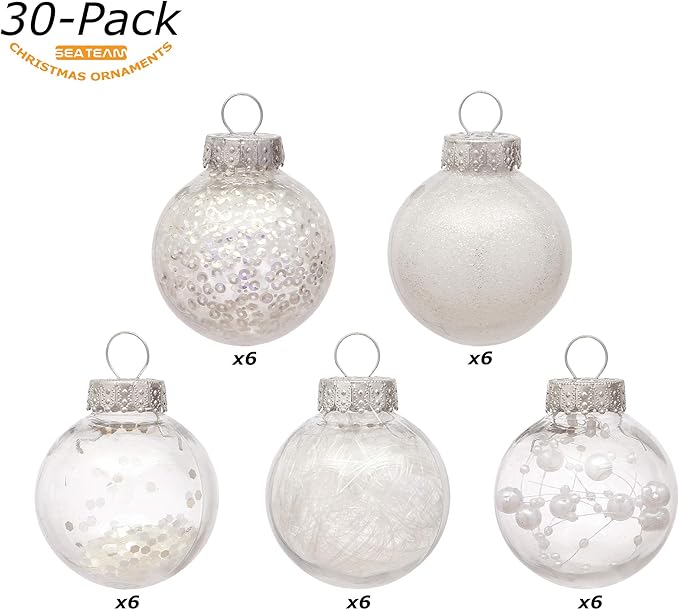 Sea Team Shatterproof Clear Plastic Christmas Ball Ornaments Decorative Xmas Balls Baubles Set with Stuffed Delicate Decorations (50 mm/1.97"/30-Pack, White)