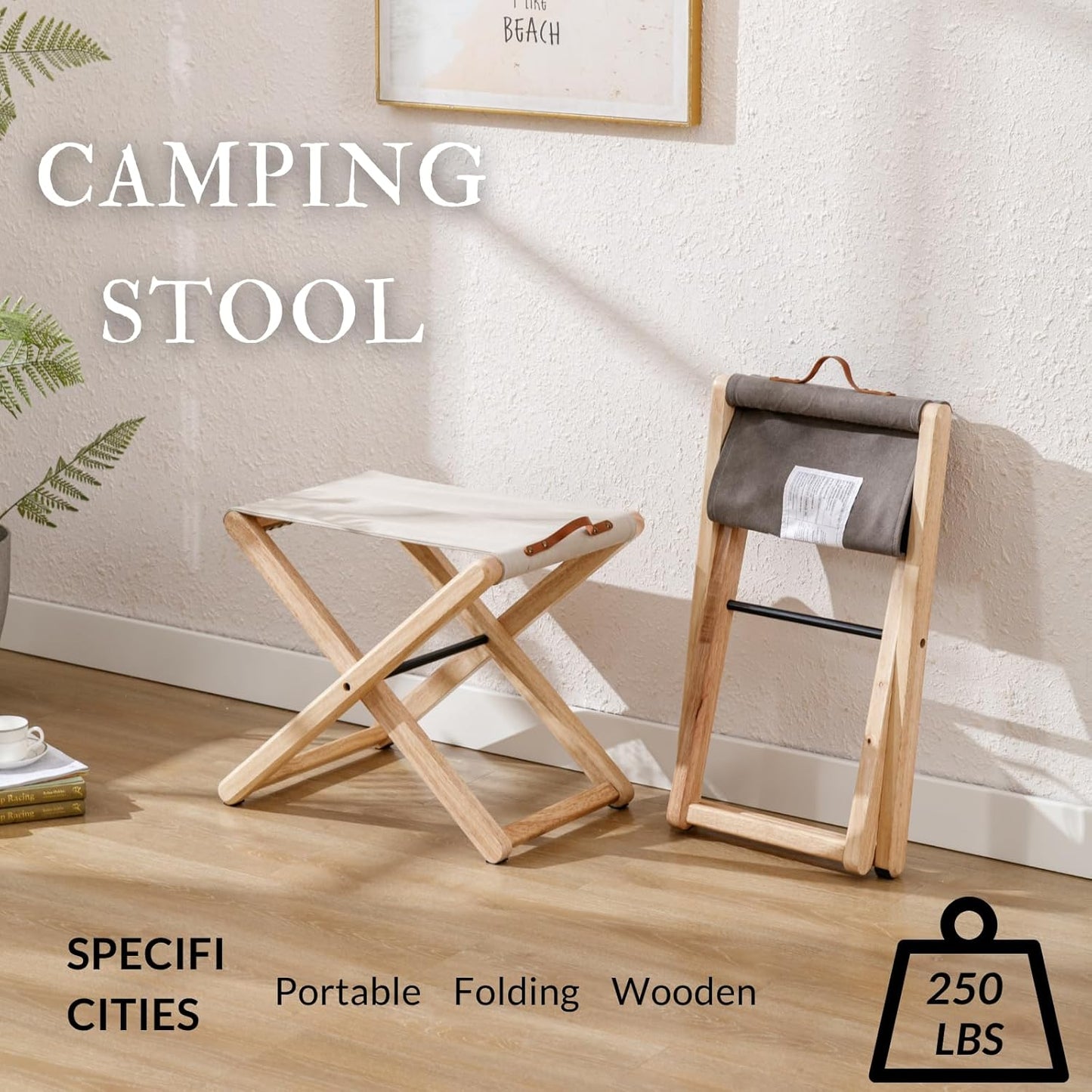 Folding Canvas Camp Stools Set of 4, Wood Folding Camping Stool Patio Portable Foot Stool for Garden Outdoor Fishing Picnic Travel BBQ, Grey