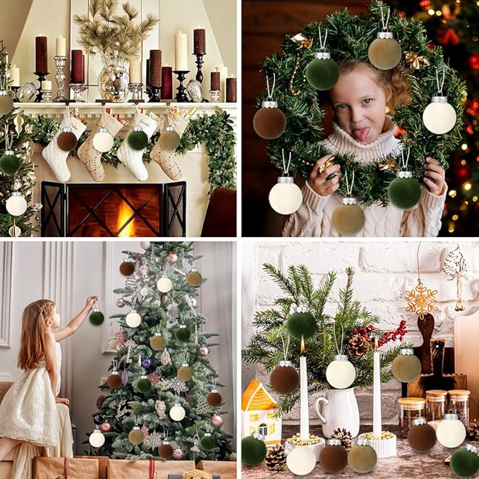 YUJUN 12 PCS Christmas Large Velvet Balls Ornaments 2.36In Shatterproof White Green Tree Hanging Plastic Ball Set Xmas Bulk Flocked Ornaments for Christmas Tree Home Party Wreath Decorations