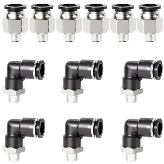 TAILONZ PNEUMATIC Elbow and Straight Combination 3/8 Inch Tube OD x 1/8 Inch NPT Thread Push to Connect Fittings PC-3/8-N1+PL-3/8-N1(Pack of 12)