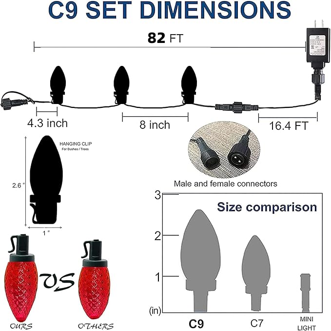 Dazzle Bright C9 Christmas String Lights, 100 LED 66 FT Waterproof Connectable Green Wire Fairy Lights, Christmas Lights for Indoor Outdoor Home Yard Xmas Tree House Decorations (Multi-Colored)