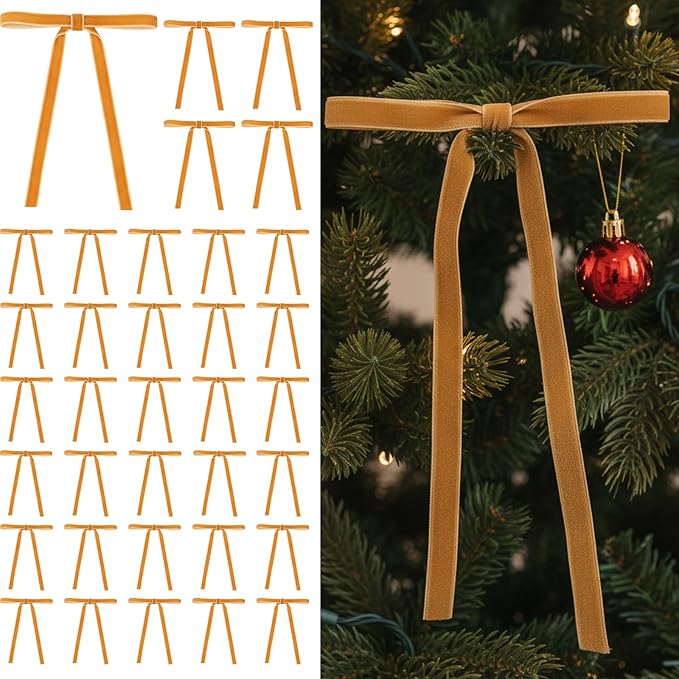 36 Pcs Velvet Christmas Tree Bows Decor, Vintage Wreath Bow for Christmas Garland, Gift Wrapping, Xmas Tree, 3/8'' Wide, 5 * 7 inch (Khaki)