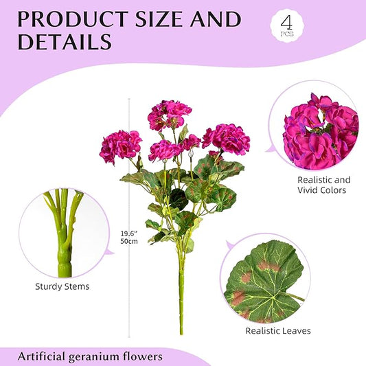 Artificial Geranium Flowers for Outdoors Geraniums Artificial Flowers Realistic Faux Geraniums for Outdoor Planters Silk Geranium Outdoor Fake Flowers Porch Home Kitchen Garden Decor(4PCS，Purple Red)