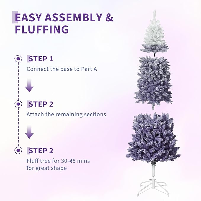 GAOMON 6Ft Snow Flocked Pencil Christmas Tree, Slim Artificial Christmas Tree with Sturdy Metal Stand, Skinny Xmas Tree Holiday Decoration for Home, Office, White & Purple Gradient