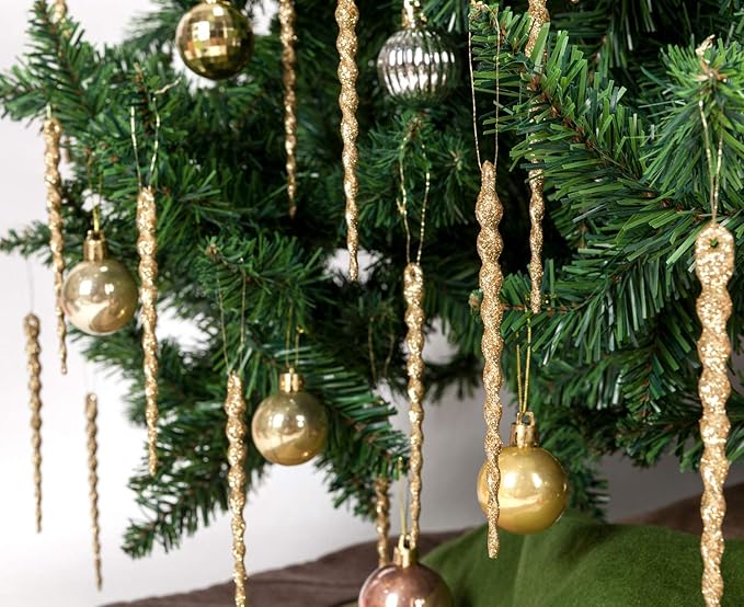 AMS Sparkling Glitter Plastic Icicle Ornaments 30 PCS Twisted Icicles Decoration Christmas Tree and Holiday Xmas Party Hanging (5.1'', Gold)