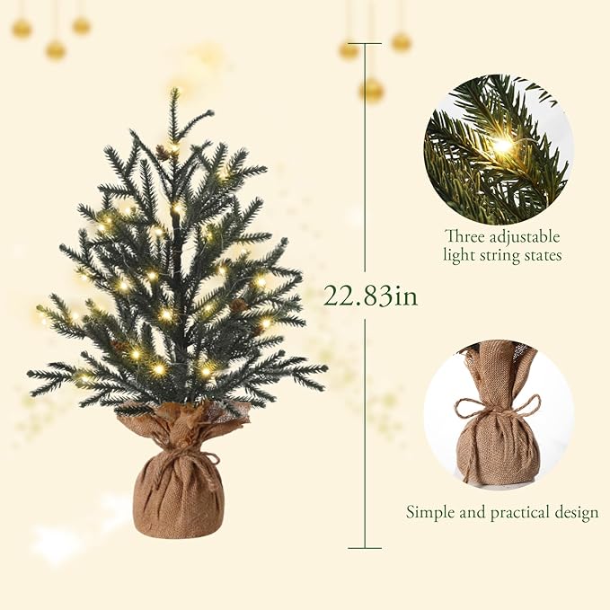 22" Mini Christmas Tree, Small Artificial Tabletop Christmas Trees Decor with Lights, Outdoor Indoor Porch Table Centerpieces Xmas Christmas Decorations