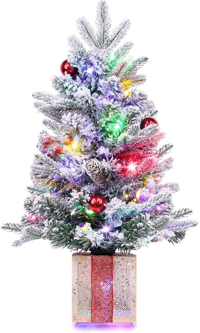Brightever 2FT Small Christmas Tree, Prelit Mini Christmas Tree with 50 Multi-Color LED Lights, Gold Gift Box Base, Battery Operated Little Xmas Tree for Table Top, Pinecone & Berries Included, Green