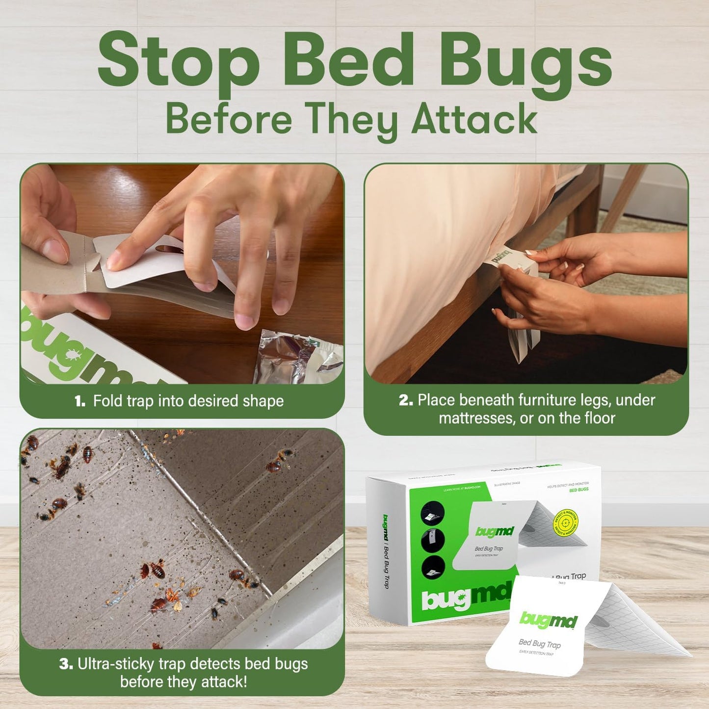 BugMD Bed Bug Trap (1 Pack, 12 Traps) - Interceptors, Bed Bug Prevention, Sticky Glue Traps, Insect Trap Indoor