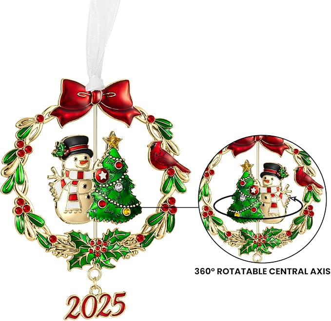 2025 Snowman Christmas Tree Ornament Metal Silver Hanging Rotatable Design Charm Holiday Decorative Pendant Gift Keepsake (Bow,Golden)