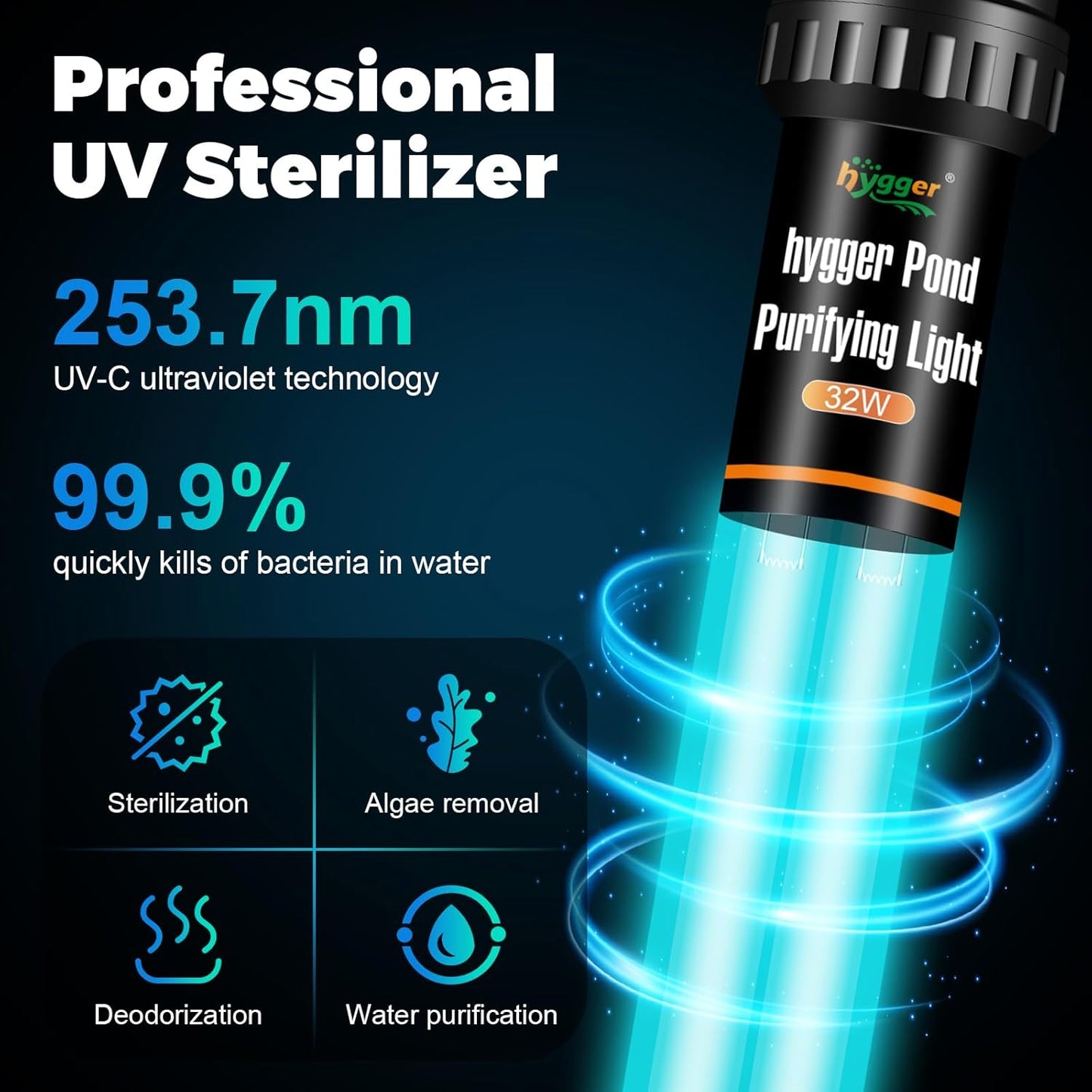 hygger 32W Aquarium U-V Light for 200-2200 Gallon, Pond Water Clarifier for Green Water and Algae Clean, for Koi Pond, Large Fish Tank, Swimming Pool, Cold Plunge, Spa