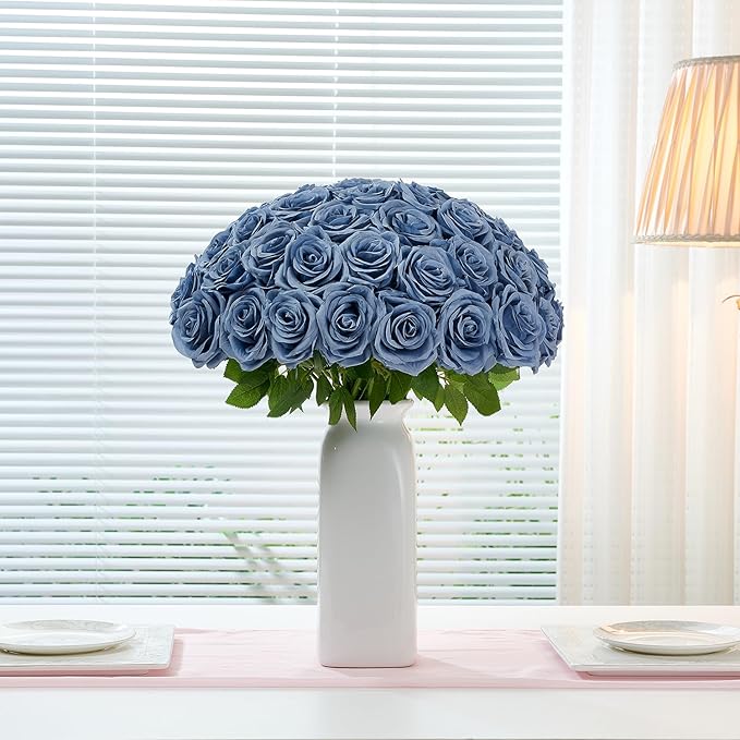 50Pcs Dusty Blue Roses Artificial Flowers Artificial Silk Roses Bulk,Fake Roses Flower with Stems Realistic Flowers for Wedding Centerpiece Home Party Decor