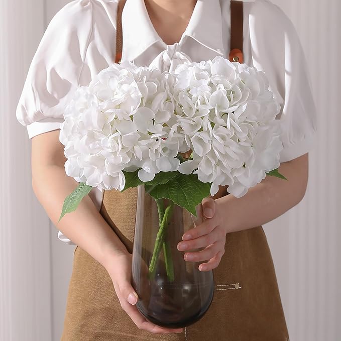 Nubry 22.44In White Hydrangea Artificial Flowers, 2Pcs Latex Faux Real Touch Large Hydrangea Flowers with Long Stems & Leaves for Home Office Decor Wedding Party Arrangements(White)