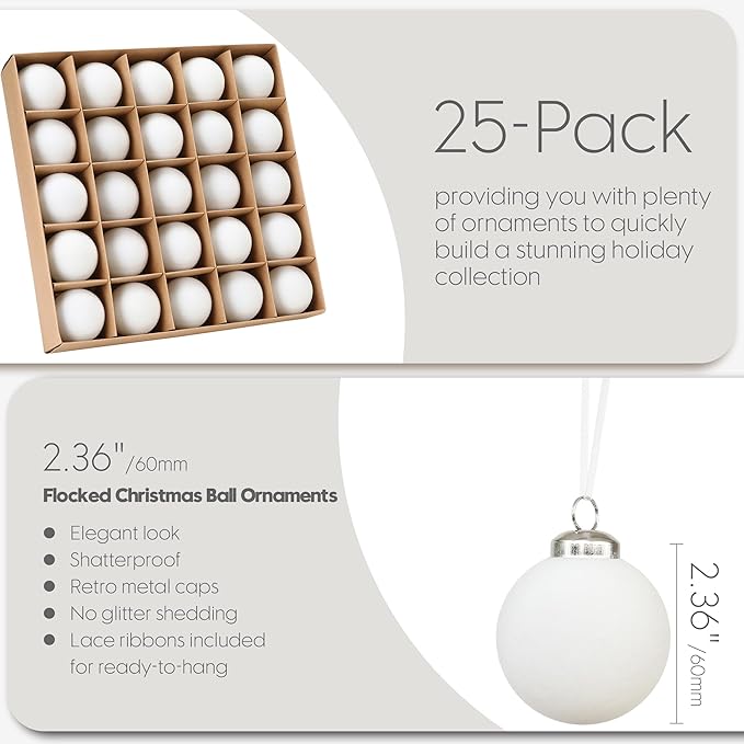 Sea Team 25-Pack Flocked Velvet Christmas Tree Ball Ornaments Set, Hanging Velour Baubles, Shatterproof Plastic Decorations for Xmas Tree, Wreath, Garland, 60mm/2.36 Inches, White