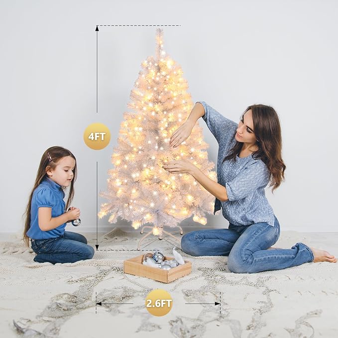 VINGLI 4ft White Artificial Christmas Tree with 140 Warm White Lights, 8 Lighting Modes, 346 Full Tips Branches, Sturdy Metal Stand, Pre-Lit Xmas Tree for Holiday & Party Decorations