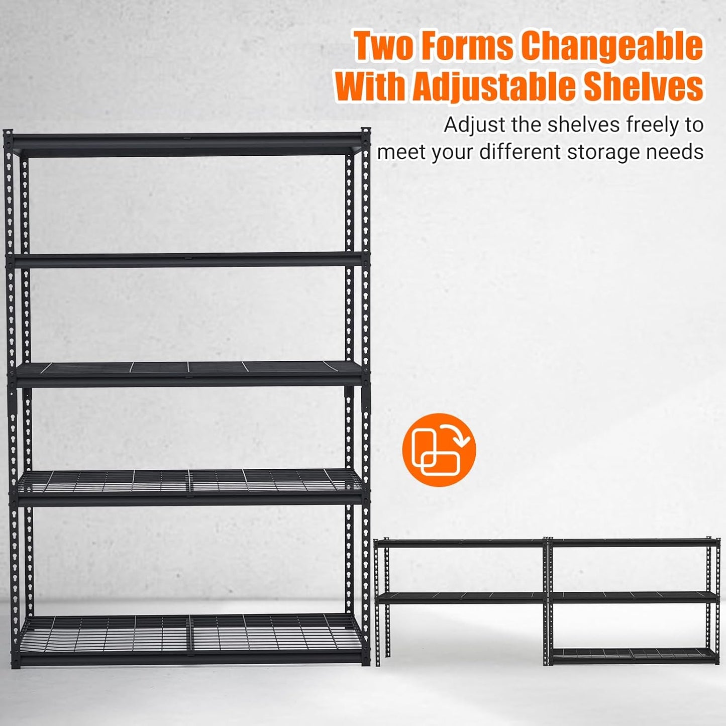 2500 LBS Storage Shelves, 5 Tier Garage Shelving, Heavy Duty, Adjustable Metal Shelving Unit, Industrial Utility Shelf Rack for Garage, Basement, Pantry, 72" H x 48" W x 24" D, Black