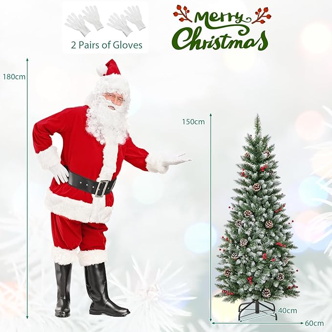 GOFLAME 5FT Pre-Lit Pencil Christmas Tree, Artificial Xmas Tree with 408 Branch Tips, 24 Pine Cones, 23 Clusters of Red Berries & 250 Warm White LED Lights, Holiday Decoration Tree for Home Party