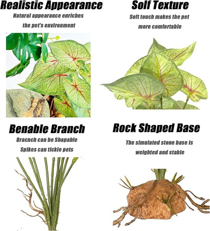 Woyrise Reptile Artificial Plants for Terrarium Decor, Amphibian Habitat Decorations Bearded Dragon Tank Accessories fit Crested Gecko Leopard Lizard Chameleon Ball Python Snake Frog - Fake Caladium