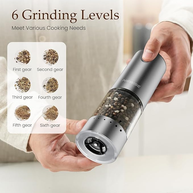 Electric Salt and Pepper Grinder Set - Christmas Kitchen Gift, Rechargeable with LED Lights, Stainless Steel Automatic Mill, Adjustable Coarseness, Large Capacity, Silver