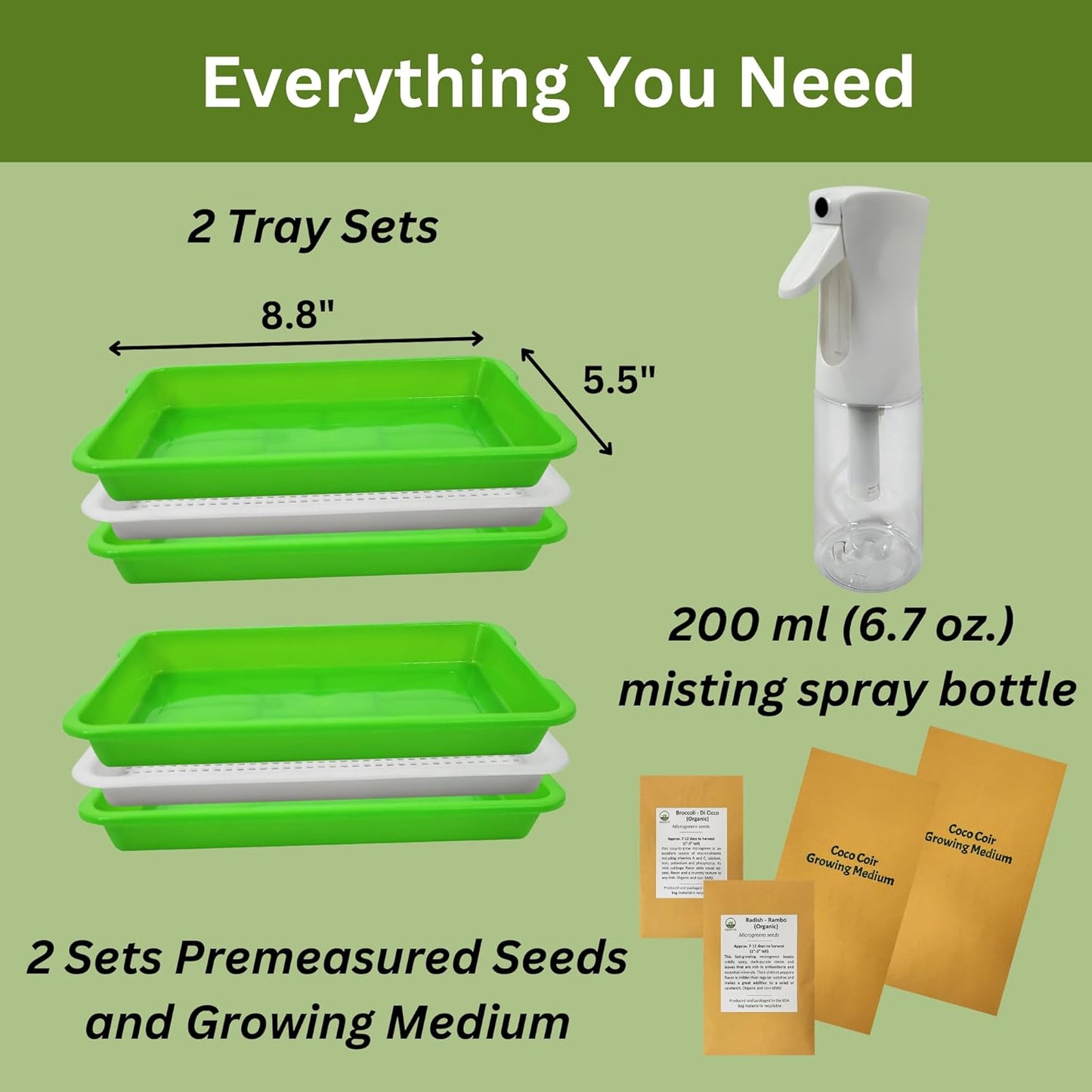Complete Home Microgreens Kit - Organic Indoor Garden System - Includes 2 Sets of Reusable Trays, Premium Spray Mister, Coco Coir Growing Medium, 2 Packs Organic Seeds – Radish and Broccoli