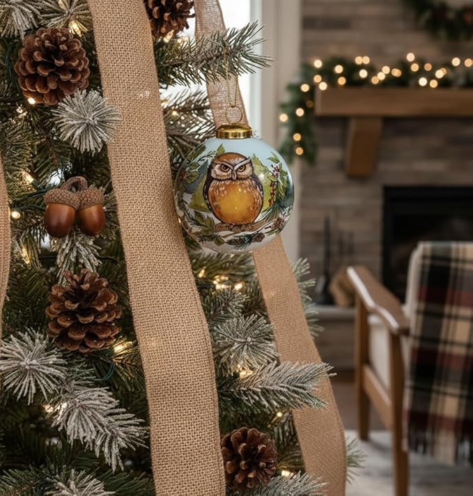 Glass Owl Ornament – Woodland Forest Bird Collectible with Evergreen Tree – Winter Wildlife Christmas Decoration – Unique Owl Gift for Nature Lovers – 3” Reverse-Painted Ornament with Gift Box