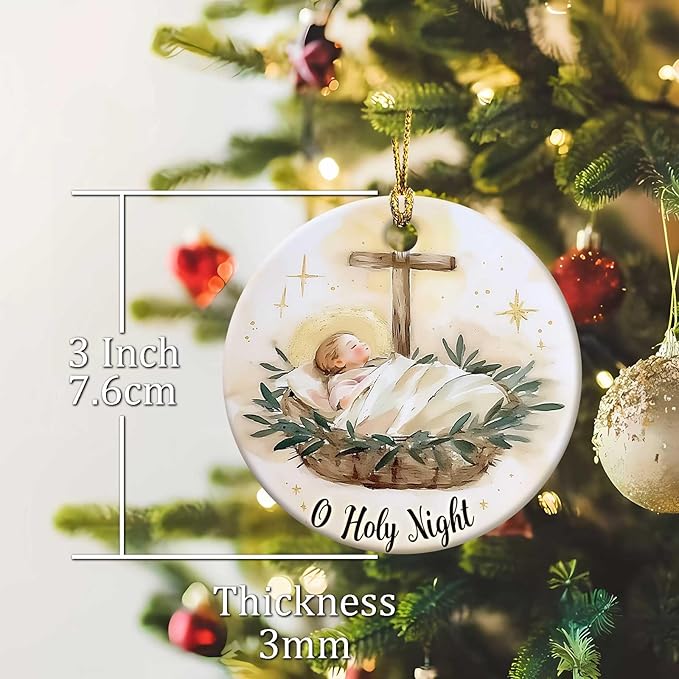 O Holy Night Ornaments Round Ceramic Birth of Jesus Cross Christ Ornament Christmas Keepsake Decor for Christmas Tree Winter Holiday Xmas Gift for Women Men Xmas Hanging Ornament 3" #1