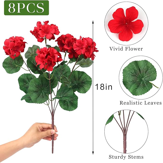 8 Bundles18" Artificial Geranium Flowers for Outdoor Spring Summer Decoration,Fake Silk Geranium Faux Plants UV Resistant for Front Door Planter Outside Home Garden Balcony Yard Porch Decor (Red)
