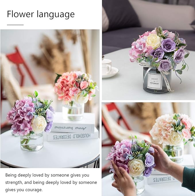 Artificial Rose Flower Bouquet Set, Hydrangea Hand Bouquet and vase, Ins Style Artificial Flower Set（Purple）