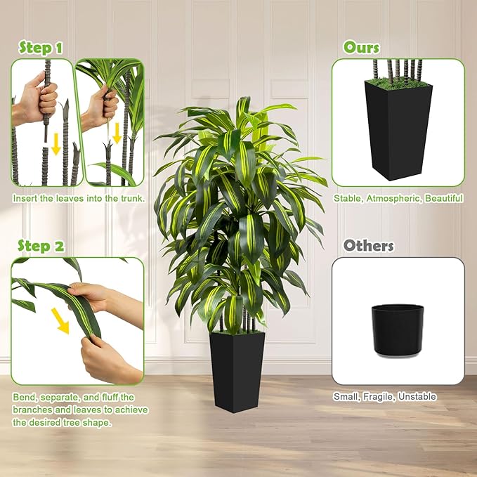 5FT Tall Fake Plant Artificial Dracaena Tree with Black Planter Faux Plants Indoor Living Room Artificial Plants Indoor Decor Large Fake Plant