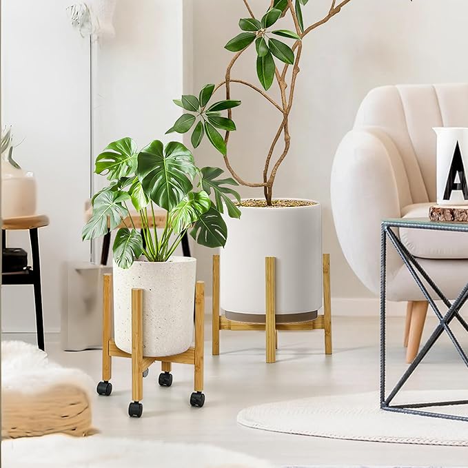 Adjustable Plant Stand Indoor with Detachable Wheels Bamboo Mid Century Modern Plants Stands Expandable Plug in Assemble Flower Pot Stand,Fit 9.25" to 11.61", Natural