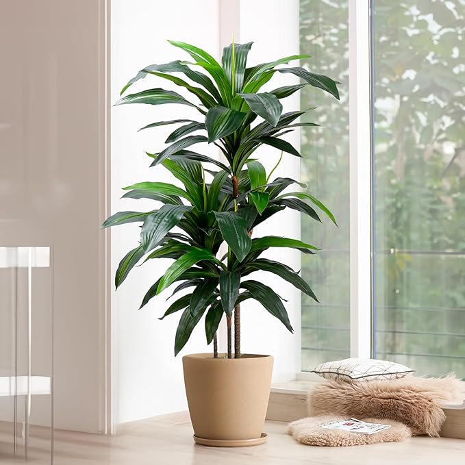 Artificial Dracaena Tree 4FT, Fake Tree with Plastic Pot, Fake Tropical Yucca Floor Plant, Lifelike Foliage and Branches, Artificial Plants Indoor for Home Office Living Room Decor Indoor