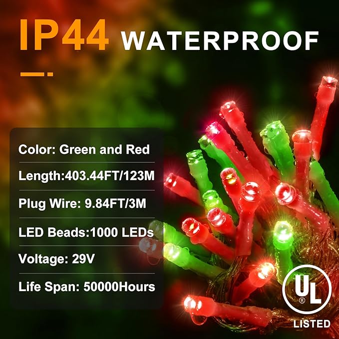 KNONEW 403ft 1000 LED Christmas String Lights Outdoor 8 Modes & Timer Fairy Light Plug in Waterproof Outside Lights for Xmas Yard Tree Wedding Party Holiday Decorations (Red and Green)