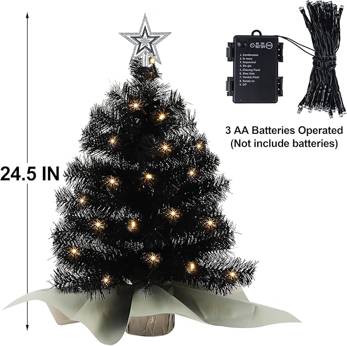 Juegoal Black Mini Christmas Tree, 24 Inch/2 FT Lighted Tabletop Artificial Xmas Pine Tree, Halloween Small Tree Light Up Battery Operated & Timer with 50 LED Lights, for Holiday Home Party Decor