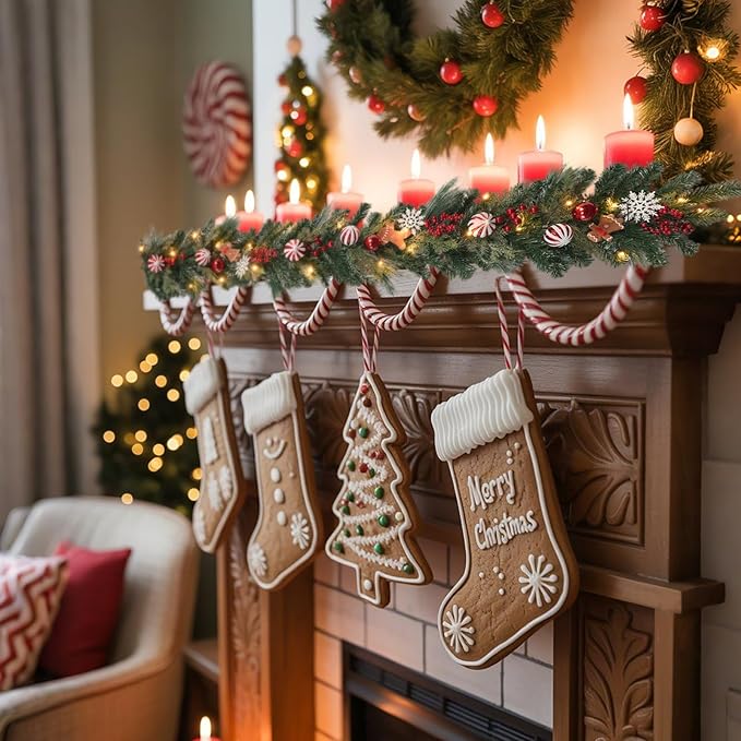 6 ft Gingerbread Christmas Garland with 30 Lights with Timer/Baking Holiday Decor/prelit Whimsical Gingerbread Kitchen Decor/Lighted Door Hanger .Stairs,Mantel,Porch Decoration