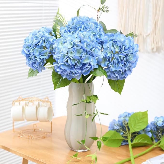Nubry 22.44In Blue Hydrangea Artificial Flowers,4Pcs Latex Faux Real Touch Large Hydrangea Flowers with Long Stems & Leaves for Home Office Decor Wedding Party Arrangements(Blue)