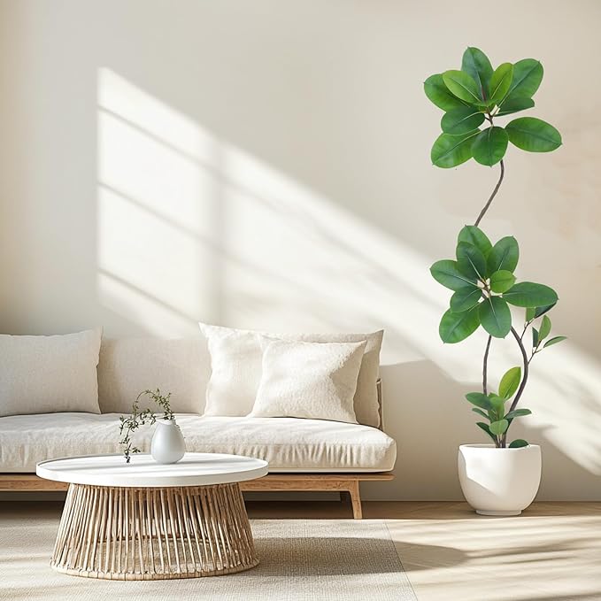 Artificial Rubber Tree Plant, 6ft Tall, Black with Round Planter, All Season Home Decor (Green,6ft)