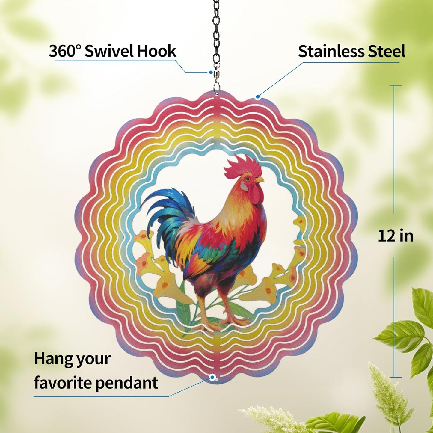 Wind Spinners Outdoor Chicken - Birthday Gifts for Women Mom Wife Grandma, Hanging Wind Sculptures Wind Spinners, 12 inch 3D Wind Spinner for Garden Decor for Outside, Garden, Patio, Yard, Outdoor