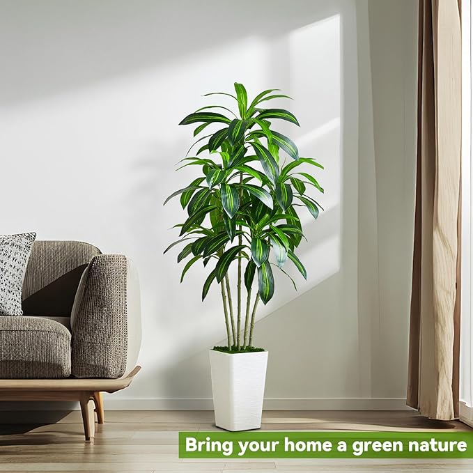 Artificial Dracaena Tree-5FT Tall Fake Plants with White Tall Planter-Artificial Plants Indoor Floor Plant in Pot-Large Tropical Fake Yucca Potted Tree for Home Office Living Room Decor