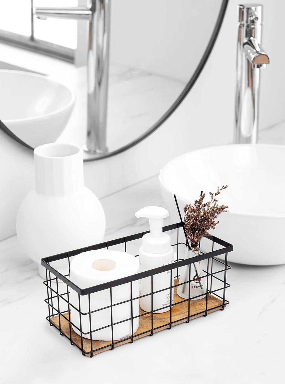 TIEYIPIN Farmhouse Decor Metal Wire Storage Baskets, Wood Base Containers Organizing Basket Caddy Bin for Kitchen Cabinets, Bathroom, Pantry, Garage, Laundry Room, Closets - Cream White (Set of 3)