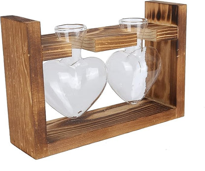 Plant Terrarium with Wooden Stand,Heart Shaped Transparent Glass Vase Flower Pot Hydroponics Plant Propagation Station for Hydroponics Plants Home Office Decor (Retro Box + 2