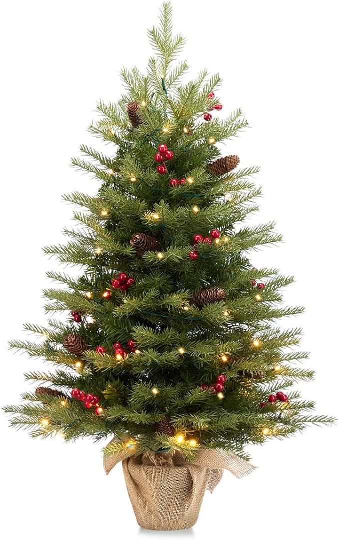 Somikis 3ft Pre-Lit Artificial Mini Christmas Tree with 70LED Lights and Realistic Nordic Spruce, Solid Cement Burlap Base Basin