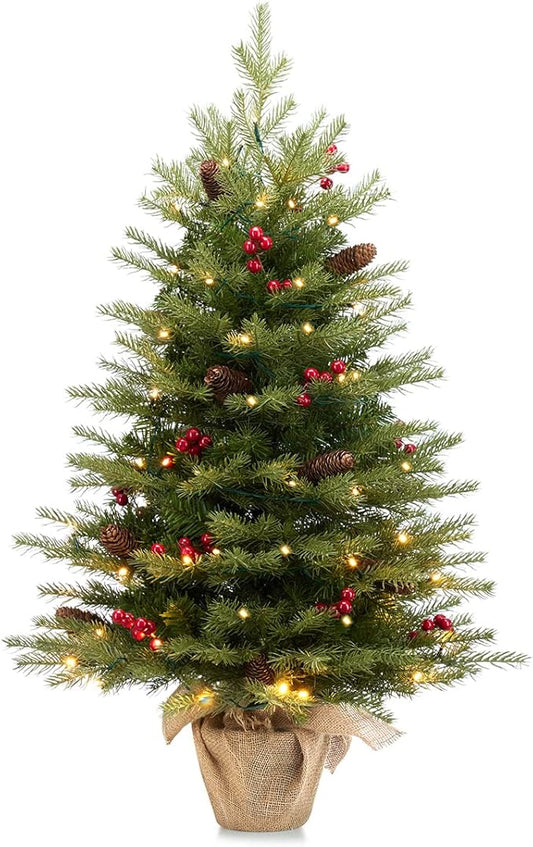 Somikis 3ft Pre-Lit Artificial Mini Christmas Tree with 70LED Lights and Realistic Nordic Spruce, Solid Cement Burlap Base Basin