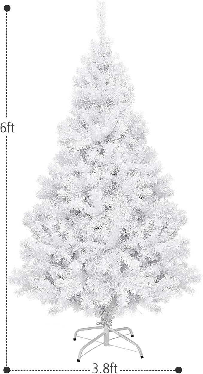 HAPPYGRILL 6 Feet White Artificial Christmas Tree with 1000 PVC Branch Tips Unlit Hinged Xmas Pine Tree with Sturdy Metal Base, Artificial Pine Tree for Indoor Outdoor Decor