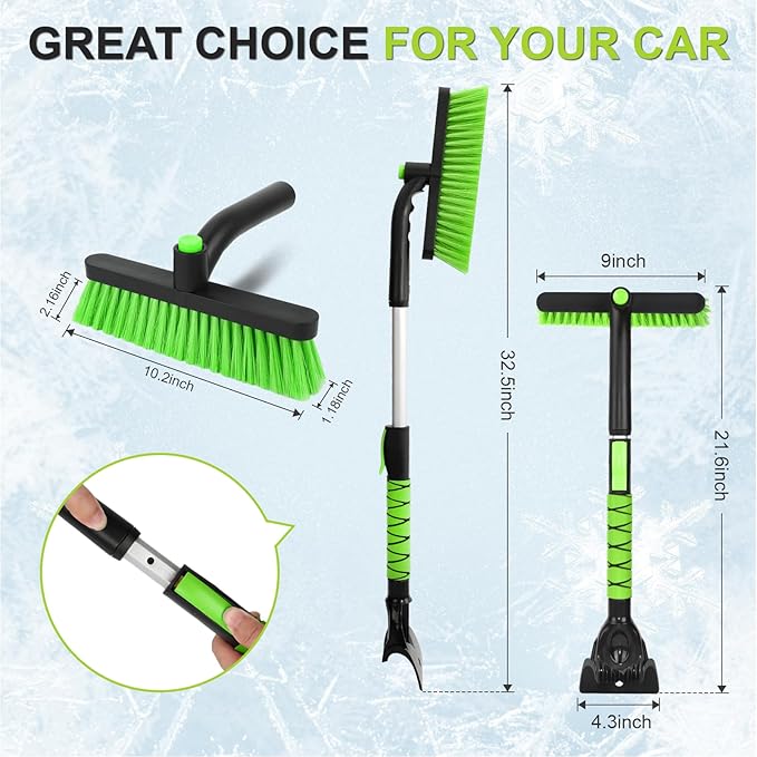 Yougfin Snow Brush with Ice Scraper 33 inch, 2 in 1 Extendable Snow Removal for Cars with Foam Grip and 360° Pivoting Brush Head, Heavy Duty Snow Cleaner for Auto Truck SUV