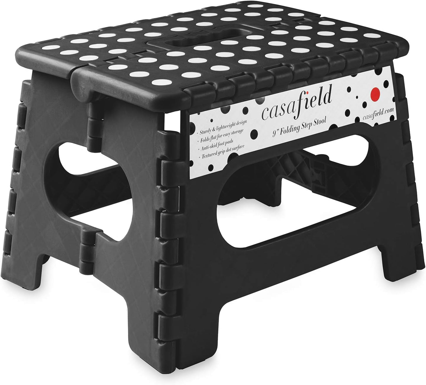 Casafield 9" Folding Step Stool with Handle, Black - Portable Collapsible Small Plastic Foot Stool for Kids and Adults - Use in The Kitchen, Bathroom and Bedroom