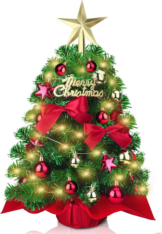 Mini Christmas Tree, Small Christmas Little Tree, Table top Tree 20”,Miniature Pine Artificial Xmas Tree with Ball Star Bowknot Ornaments for Holiday Season Desk Decoration Centerpiece