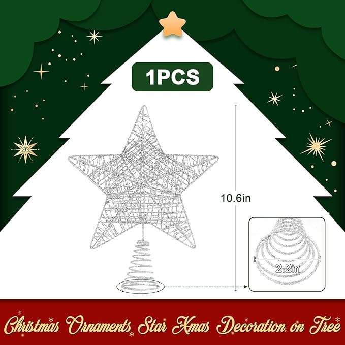 Christmas Tree Topper, 10" Glittering Xmas Star Treetop for Holiday Indoor Ornament Christmas Tree Decoration(Silver)