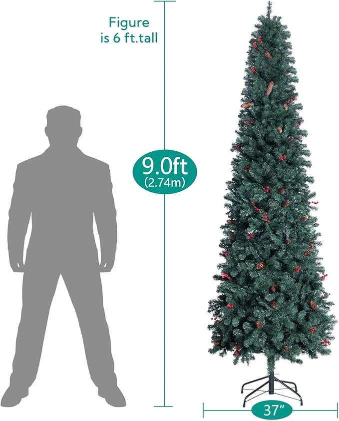 Naomi Home 9ft Pencil Christmas Tree with Lights, Realistic Pre-Decorated Slim Christmas Tree Prelit with 1457 Branch Tips, 500 Warm Lights and Metal Stand, Aritificial Xmas Tree