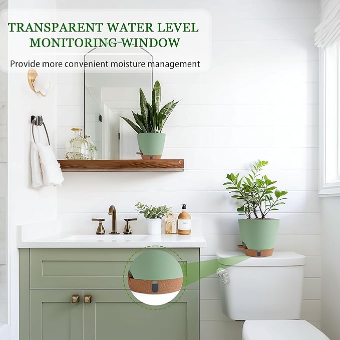 Self Watering Pots for Inoor Ourdoor Plants 10/9/8/7/6.5 Inch Plastic Planters with Drainage Holes & Water Level Indicator, Decorative House Flower Nursery Planting Pots with Saucers (Green)