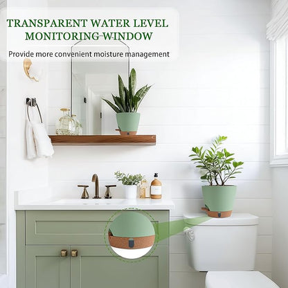 Self Watering Pots for Inoor Ourdoor Plants 10/9/8/7/6.5 Inch Plastic Planters with Drainage Holes & Water Level Indicator, Decorative House Flower Nursery Planting Pots with Saucers (Green)