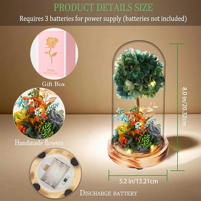 Preserved Flower Glass Dome with LED Lights, Handmade Hydrangea Tree and Eternal Rose Arrangement on Wood Base, for All Festivals,for You to Send Love for All Occasions(Dark Green)